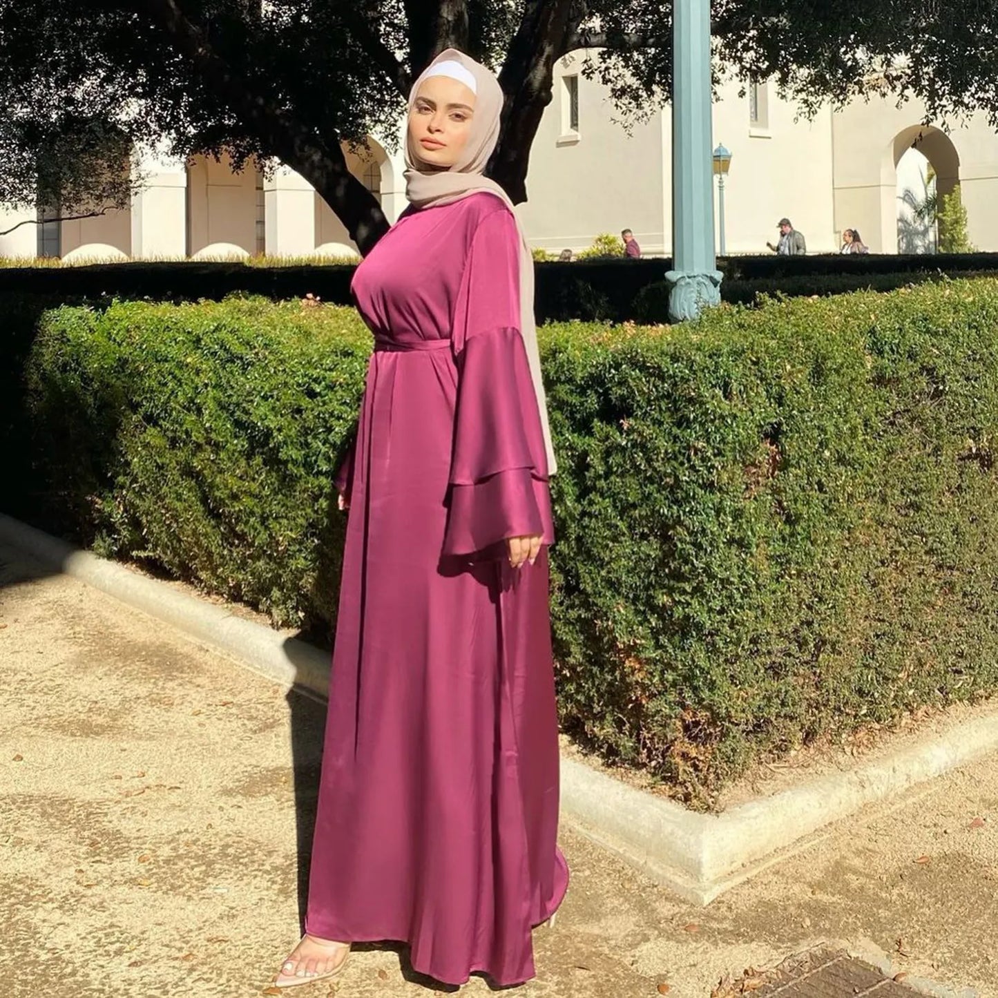 Solid Color Muslim Maxi Dress – Long Sleeve O-Neck Soft Chiffon Women’s Abaya Gown | S–XXL | 3 Colors