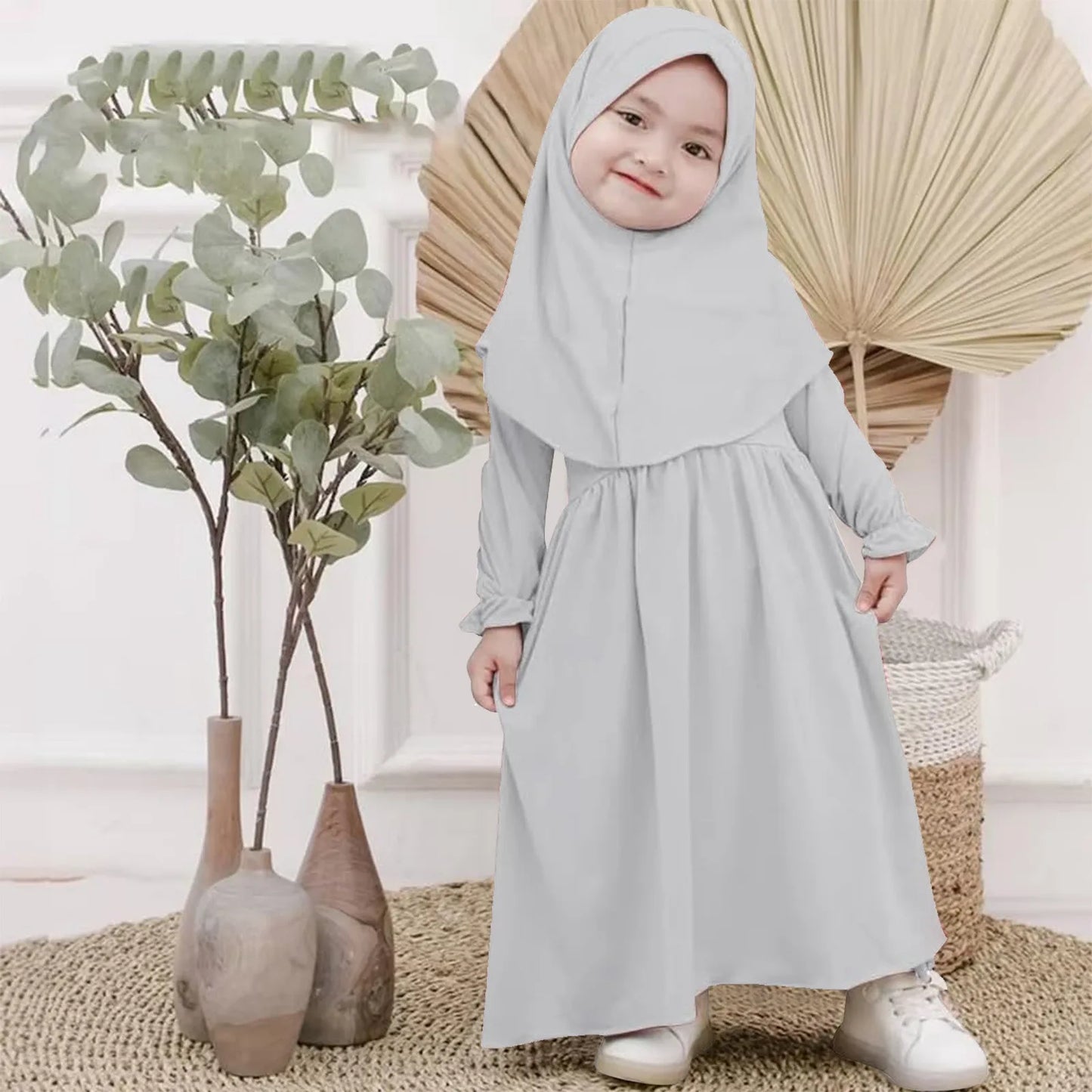Baby Girls Muslim Abaya & Hijab Set – Solid Color Robe for Eid & Prayer | 0–5 Years