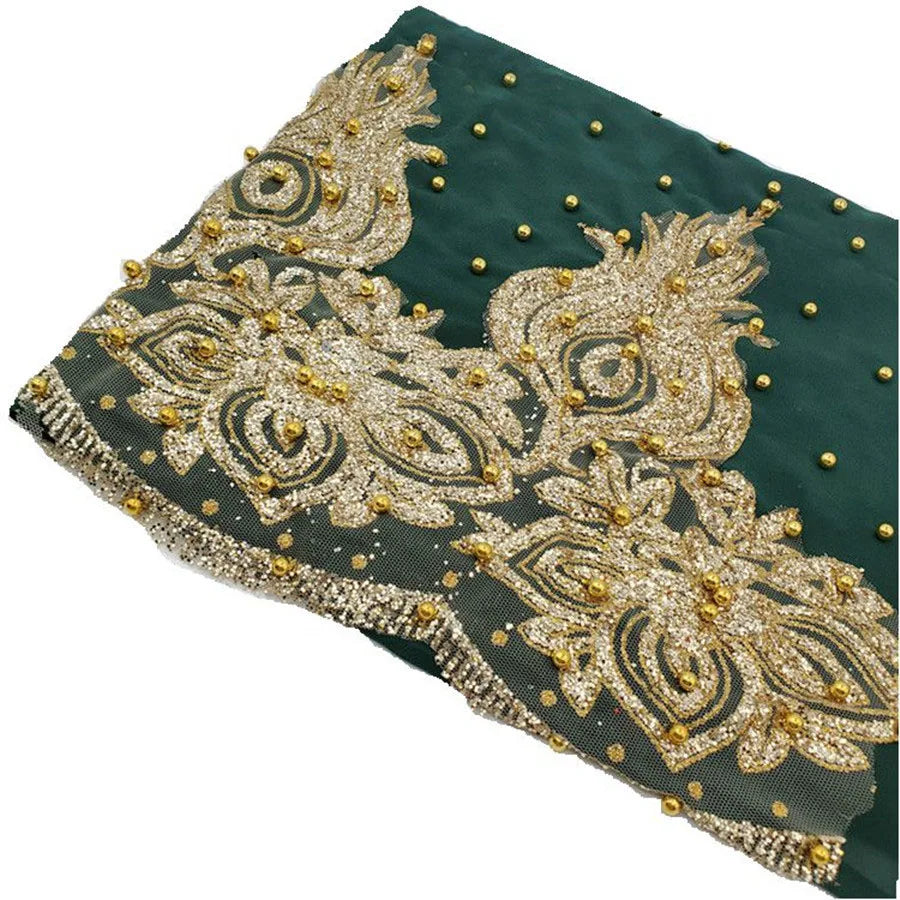 Women's Shimmer Chiffon Hijab Scarf – Gold Glitter & Bead Party Shawl
