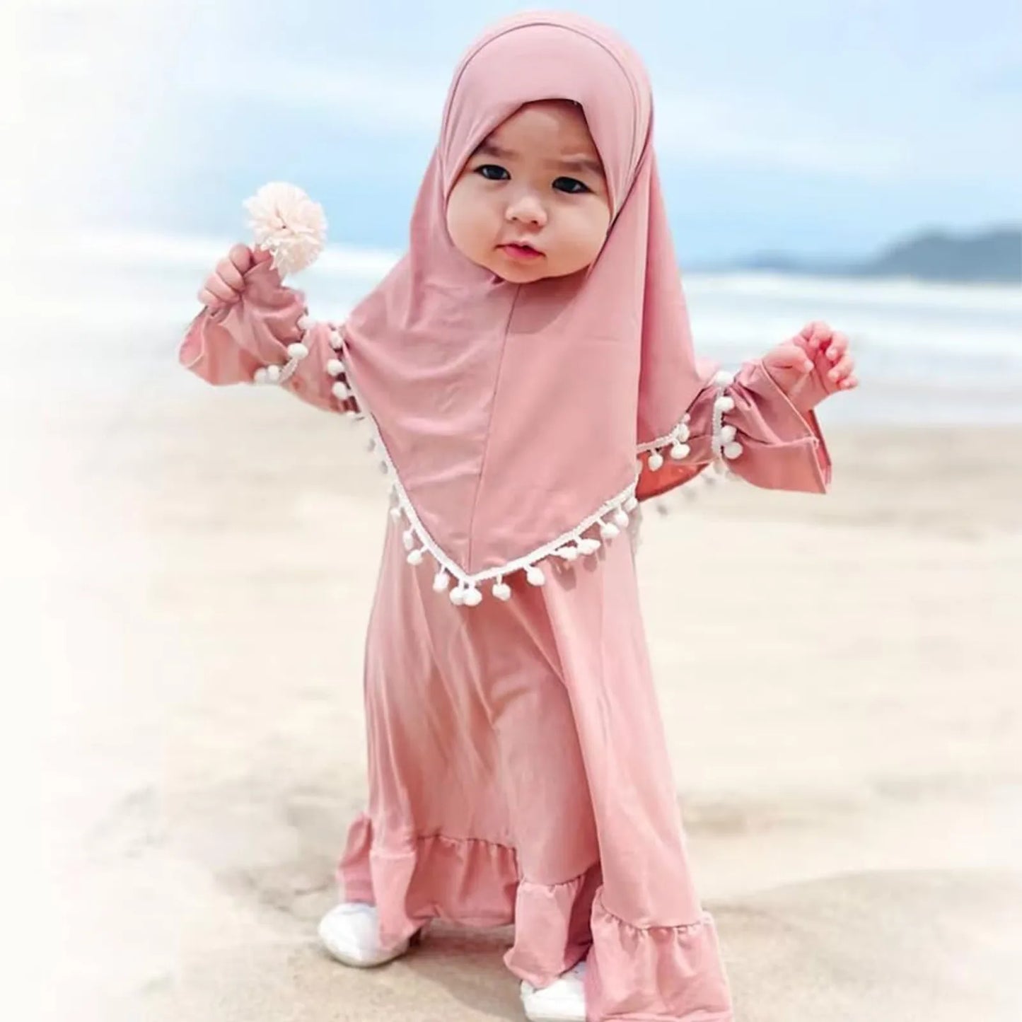 Baby Girls Muslim Prayer Dress with Hijab – Long Sleeve Abaya Set | 0–5 Years