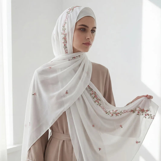 Women's Floral Embroidery Chiffon Hijab – Elegant Islamic Headscarf