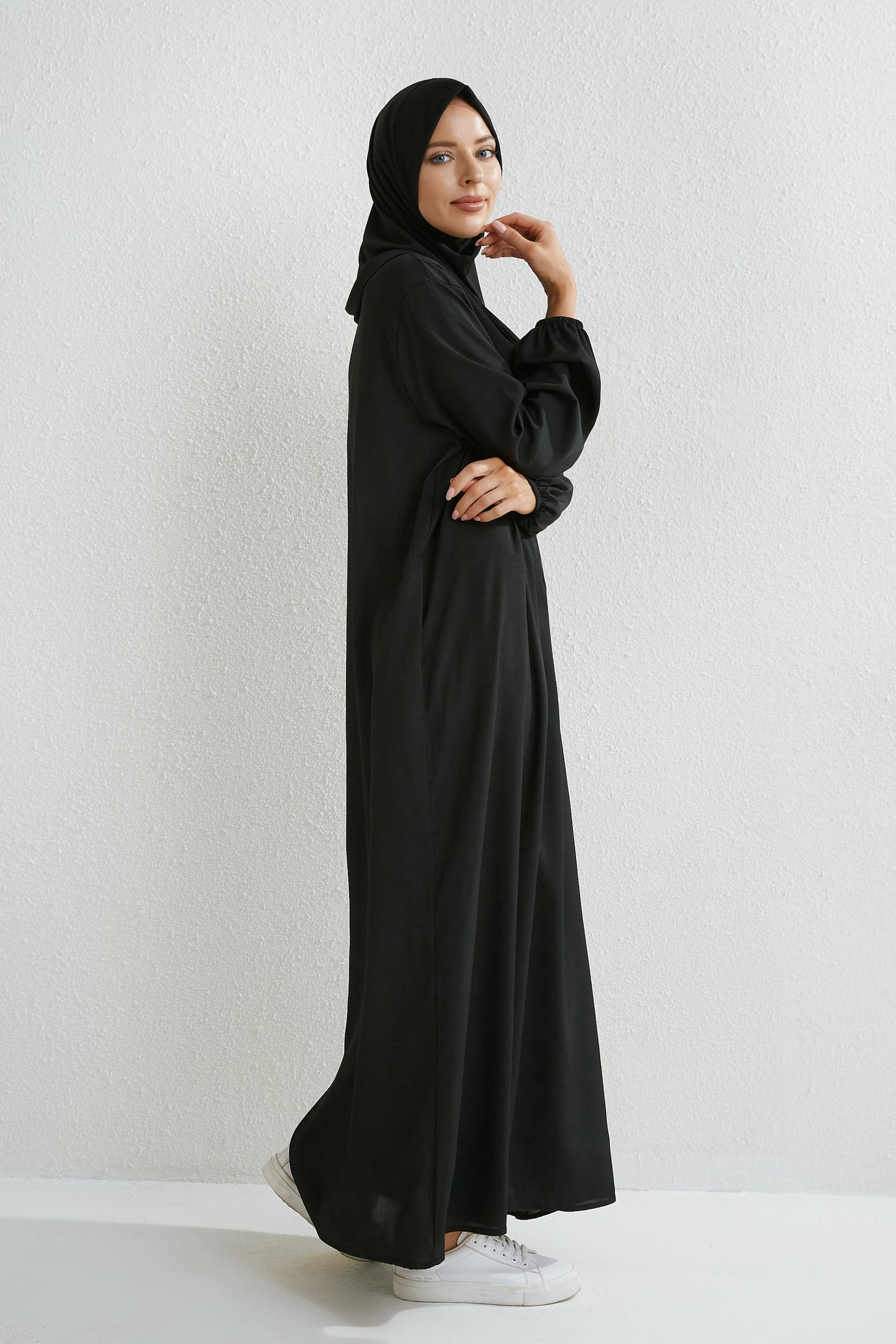 Women's Plain Chiffon Maxi Dress – Full Sleeve Loose Modest Dress in Black