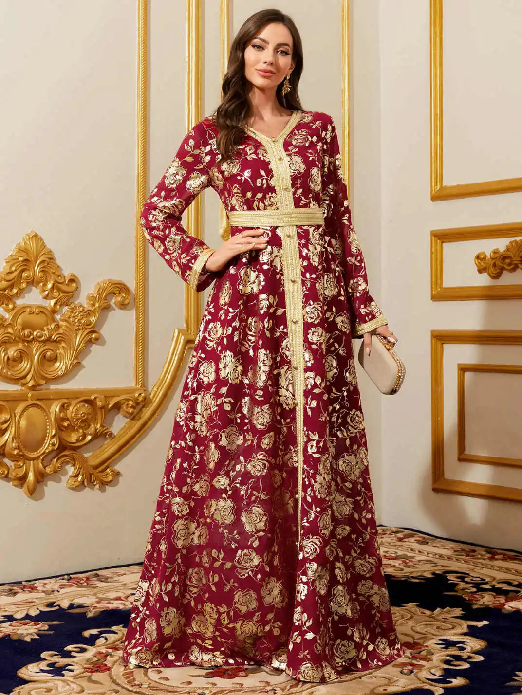 Moroccan Floral Kaftan Abaya - Gold Embroidery Maxi Dress