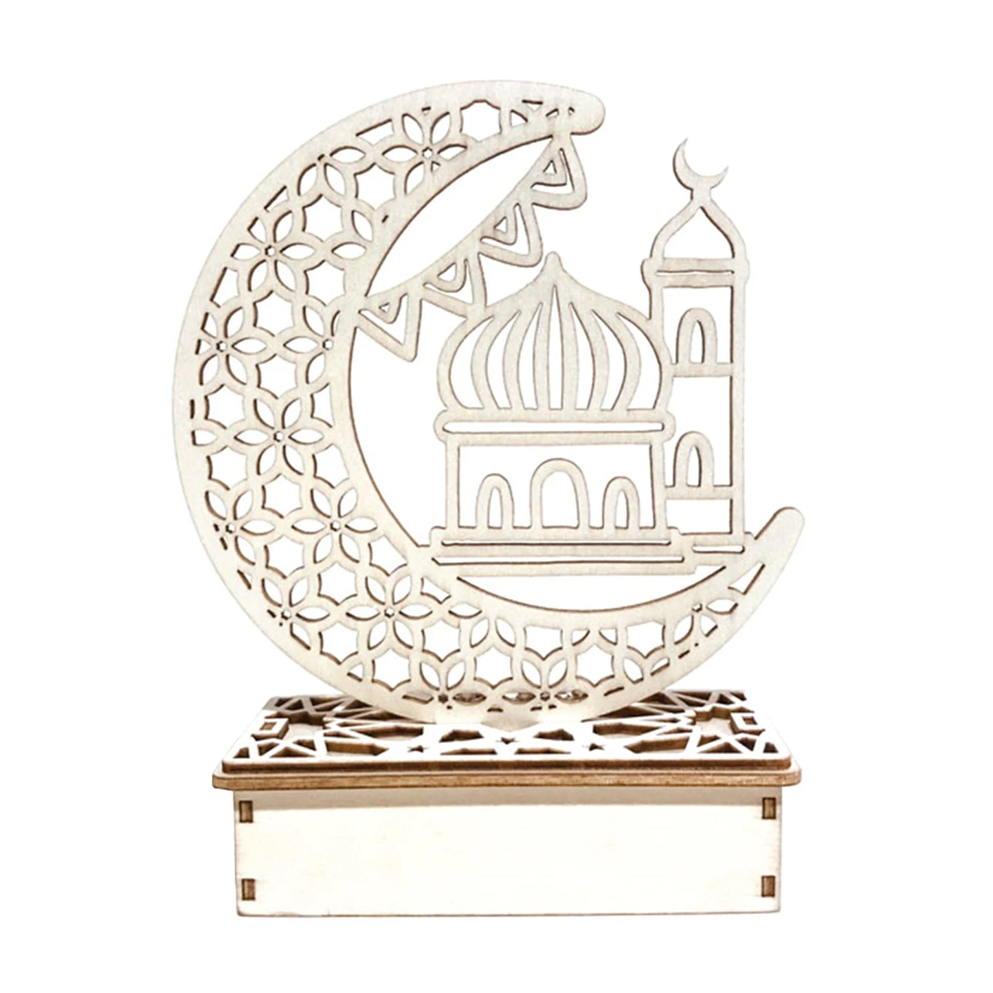 Eid Mubarak Wooden LED Ornament – DIY Moon Cutout Decoration for Ramadan & Islamic Home Decor