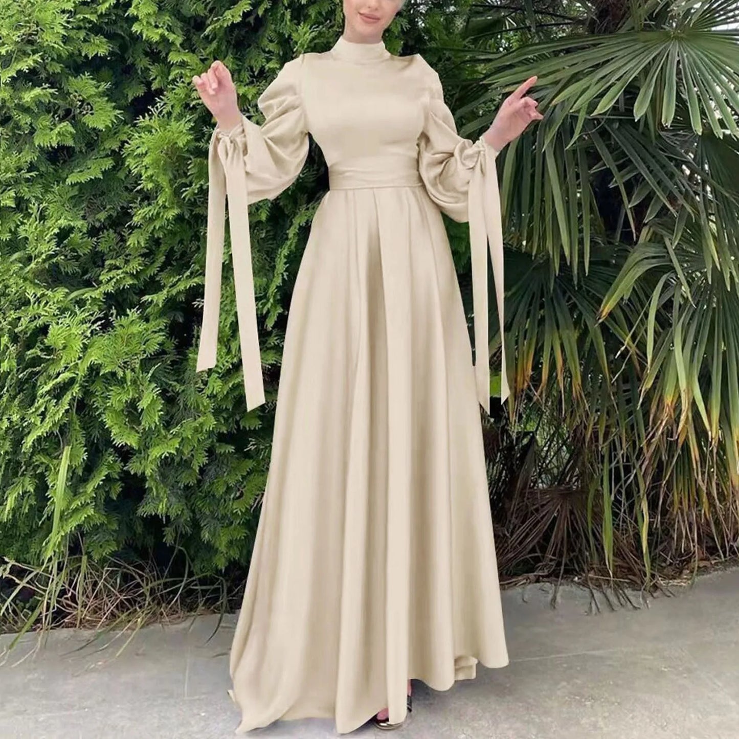 Lantern Sleeve Abaya - Belted Broadcloth Maxi Dress