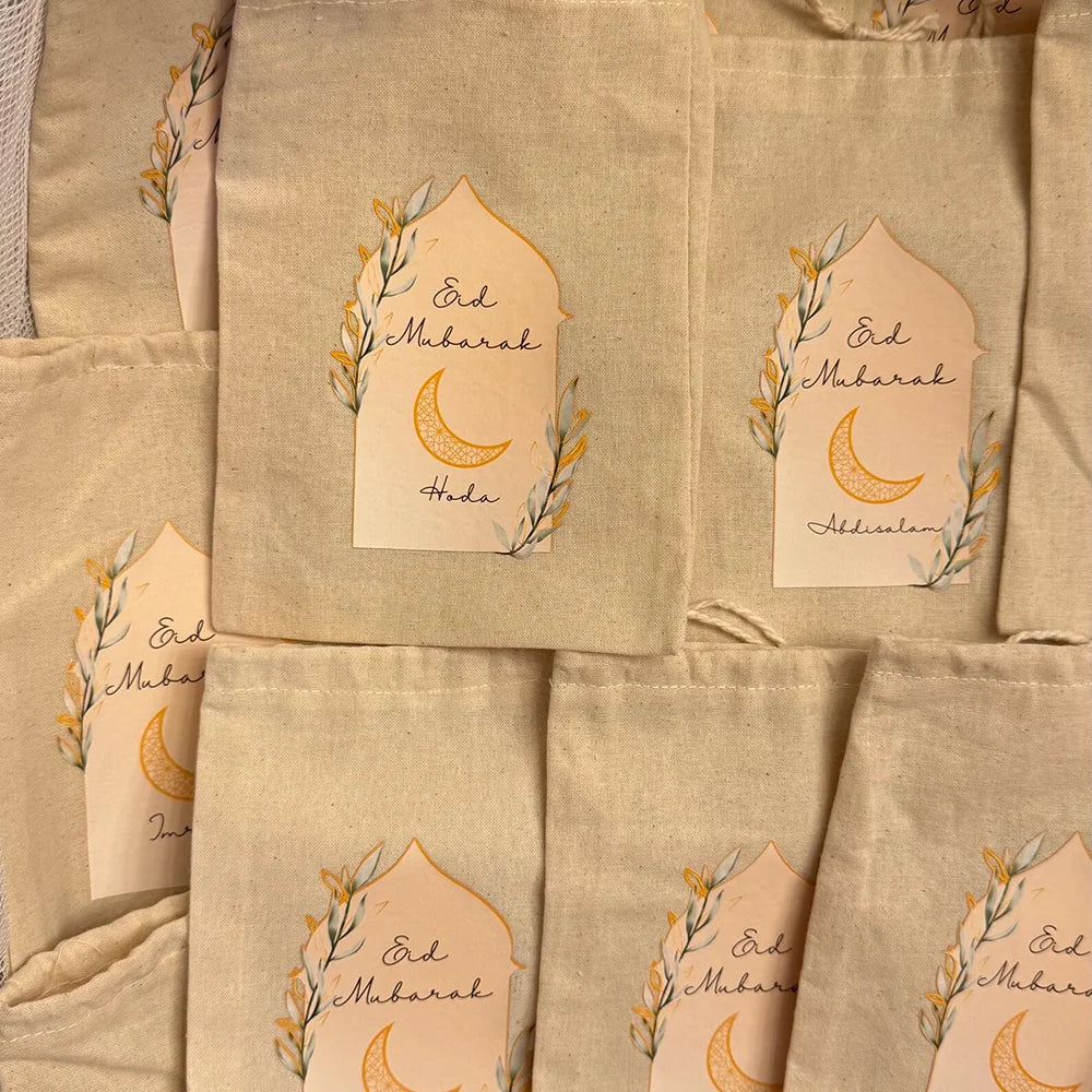 Eid Mubarak Cotton Drawstring Gift Bags – Set of 5