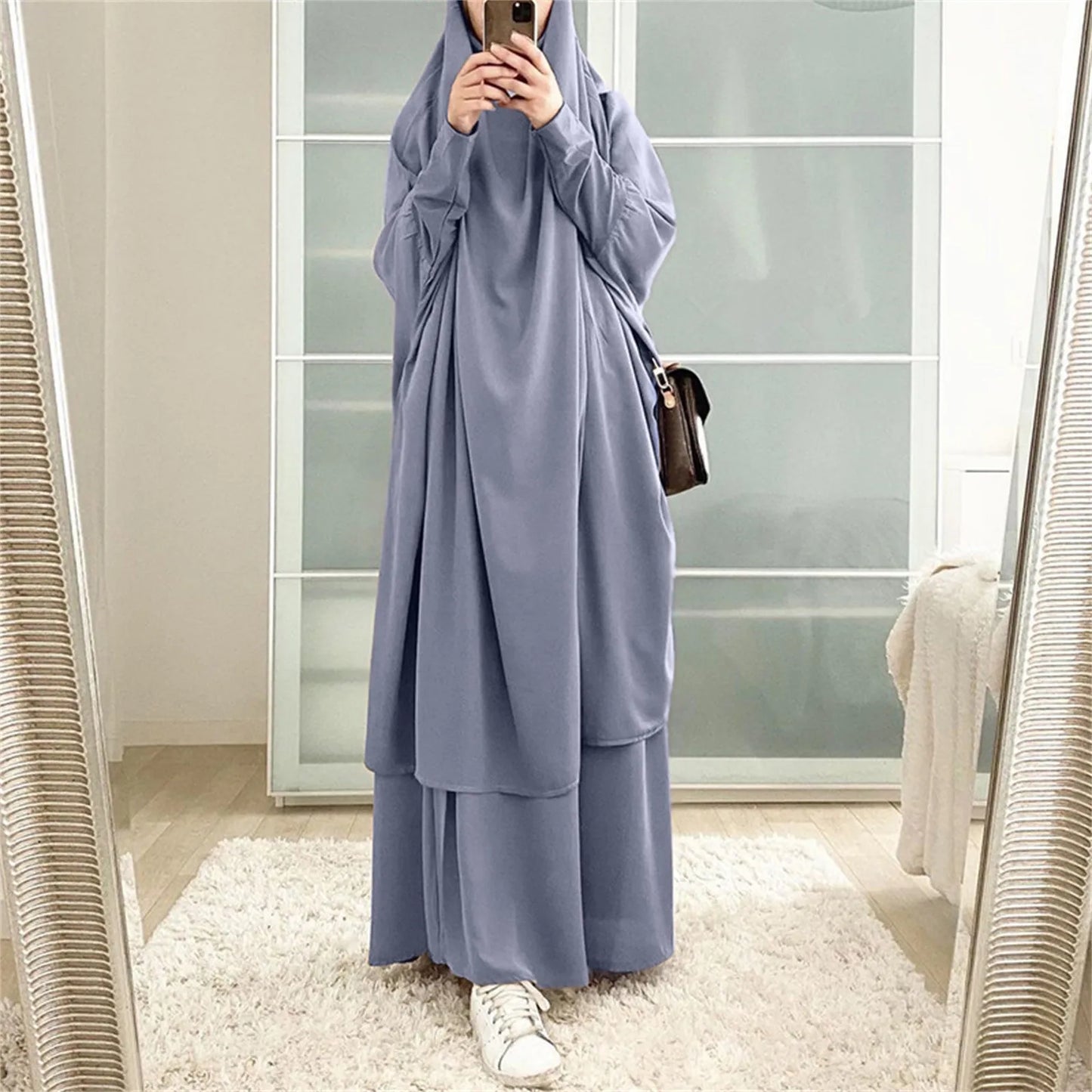 2-Piece Abaya & Long Skirt Set – Soft Stretch Muslim Women’s Prayer Garment | Jilbab Khimar | 8 Colors