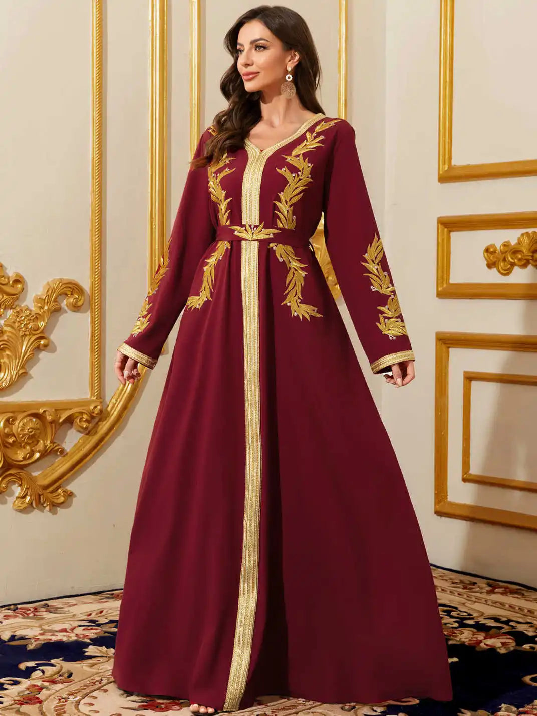 Embroidered Moroccan Kaftan - Floral Lace Maxi Dress