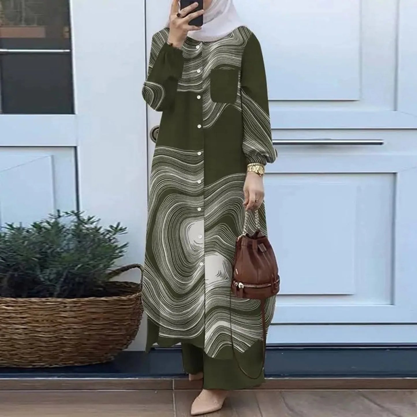 Women's 2-Piece Turkish Set | Long Sleeve Button-Up Shirt & Wide-Leg Pants | Modest Muslim Outfit S–5XL