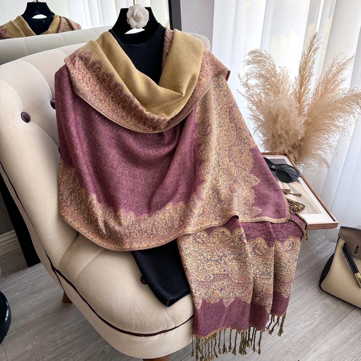 Tassel Blanket Pashmina Shawl – Thick Printed Winter Wrap & Poncho for Women (5 Colors)