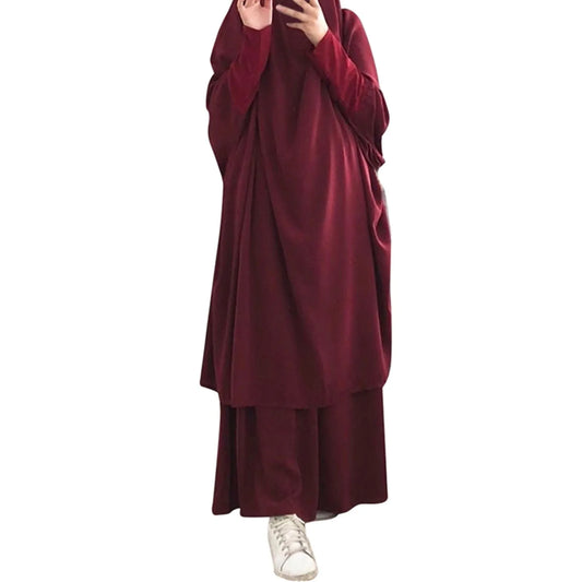 2-Piece Abaya & Long Skirt Set – Soft Stretch Muslim Women’s Prayer Garment | Jilbab Khimar | 8 Colors