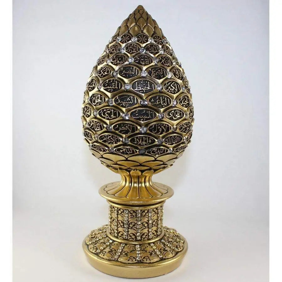 Gold Egg Sculpture with 99 Names of Allah – Rhinestone Islamic Home Decor (2 Sizes)
