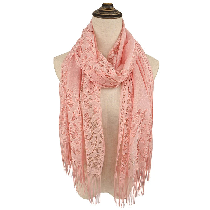 Floral Lace Tassel Scarf – Fringe Shawl & Muslim Hijab for Women | 5 Colors