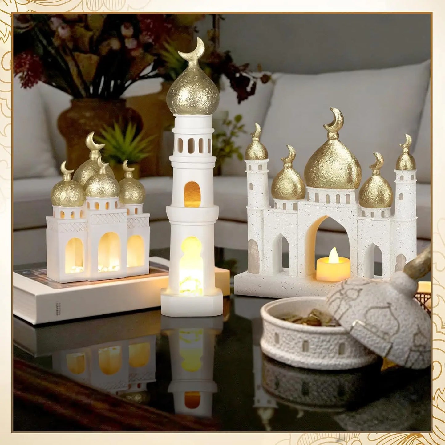 Mosque Tower Sculpture Set – Gold & White Ramadan Eid Decor (3 Pcs)