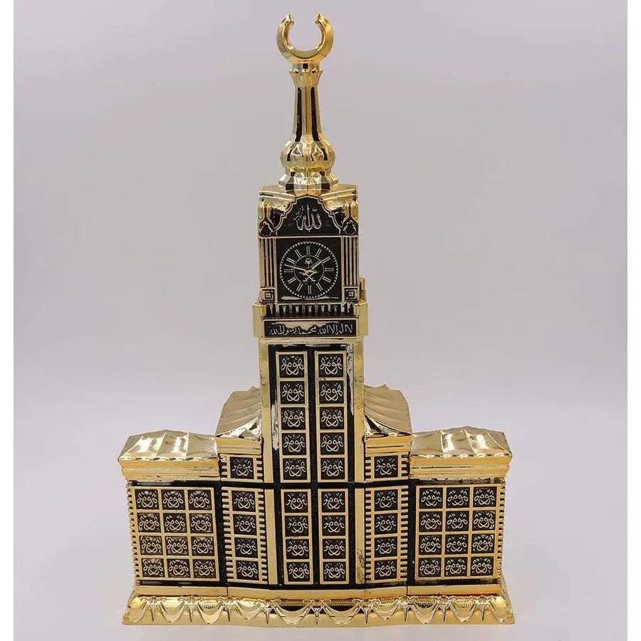 Kaaba & Clock Tower Replica Sculpture – 99 Names of Allah Gold Islamic Decor with Working Clock