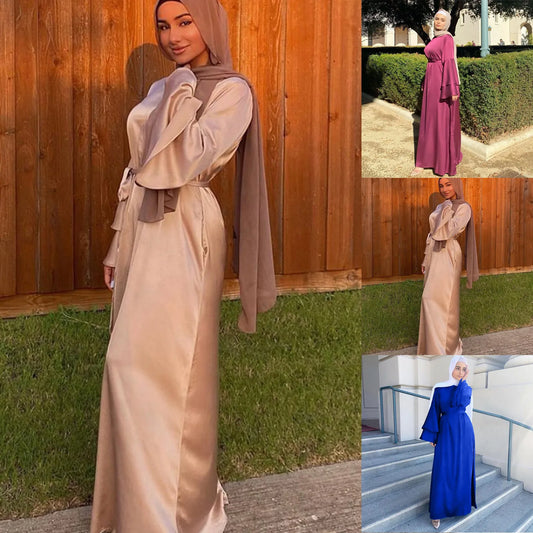Solid Color Muslim Maxi Dress – Long Sleeve O-Neck Soft Chiffon Women’s Abaya Gown | S–XXL | 3 Colors