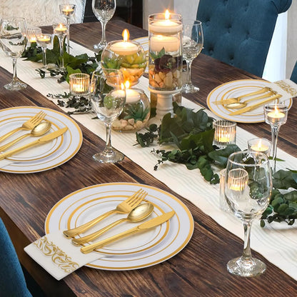 700-Piece Gold Disposable Dinnerware Set – Gold Rim Plates, Cups & Cutlery for 100 Guests | Eid & Ramadan