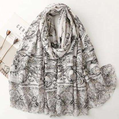 Printed Tassel Hijab Scarf & Shawl for Women | 88×180cm Bohemian Wrap | 60 Designs