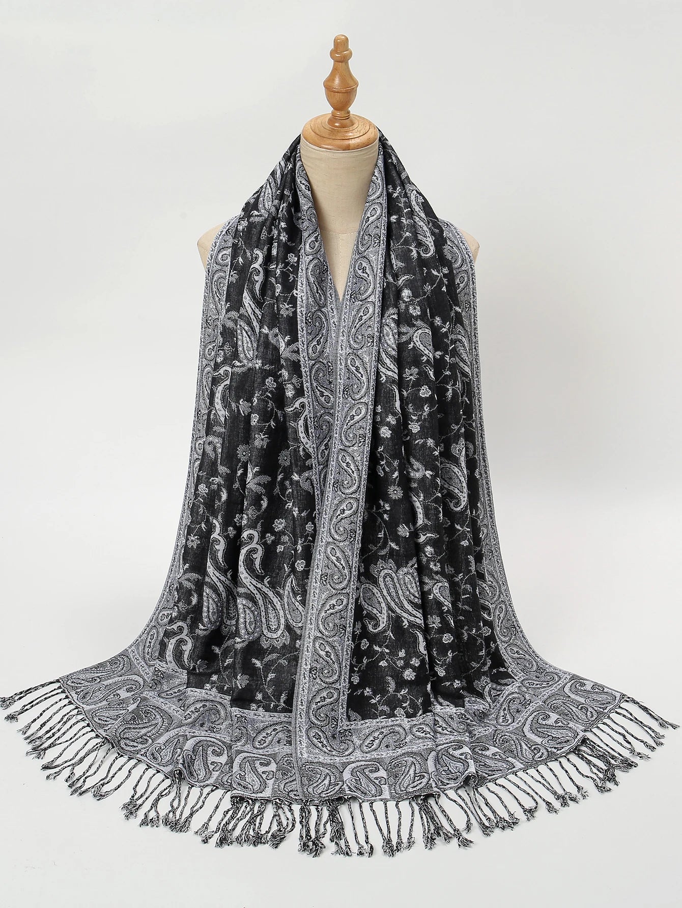 Women's Jacquard Tassel Hijab Scarf – Floral Pashmina Shawl