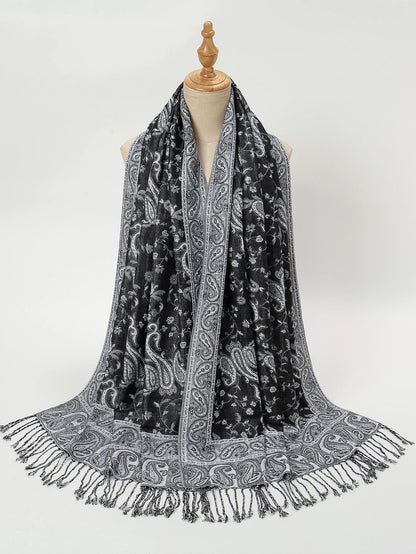 Women's Jacquard Tassel Hijab Scarf – Floral Pashmina Shawl