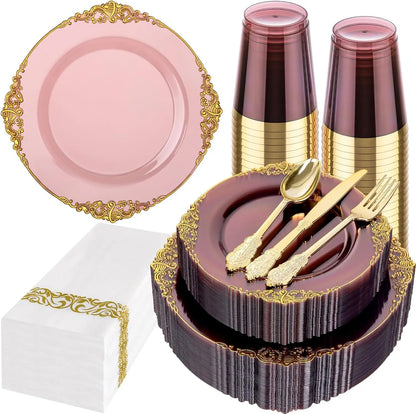 175pcs Burgundy & Gold Party Dinnerware Set – Heavy-Duty Plates for 25 Guests | Eid & Ramadan