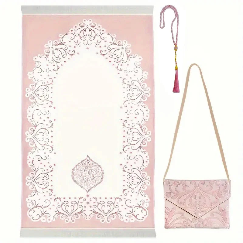3-Piece Muslim Prayer Mat Set – Prayer Rug, Carry Bag & Tasbih Beads | Ramadan & Hajj Gift