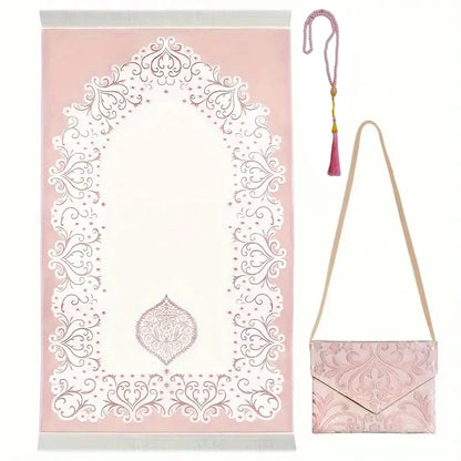 3-Piece Muslim Prayer Mat Set – Prayer Rug, Carry Bag & Tasbih Beads | Ramadan & Hajj Gift