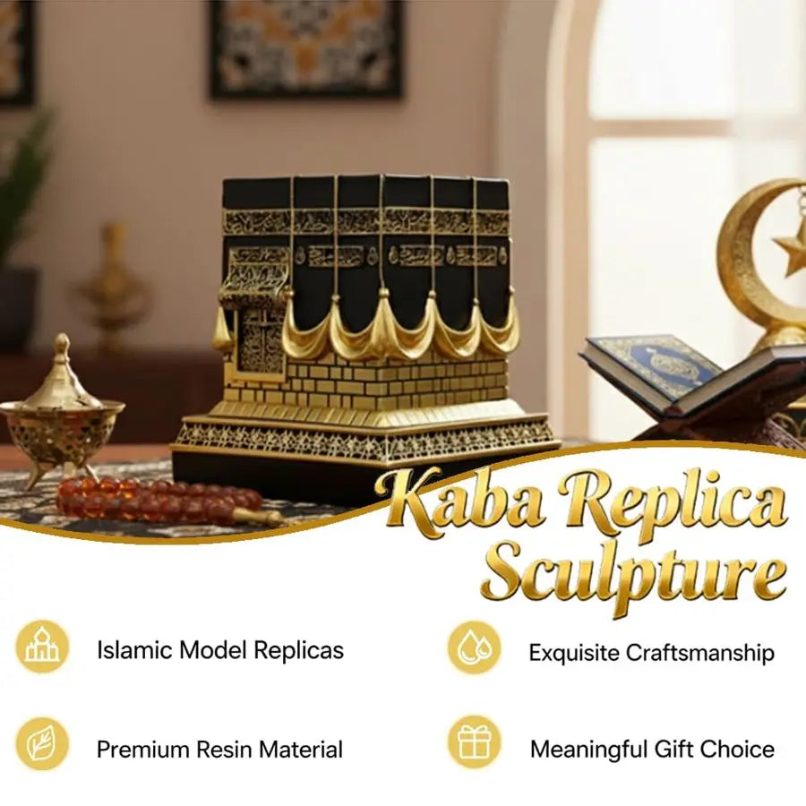 Kaaba Replica Resin Ornament | 4.6" Gold & Black Islamic Decor with Arabic Script & Rhinestones