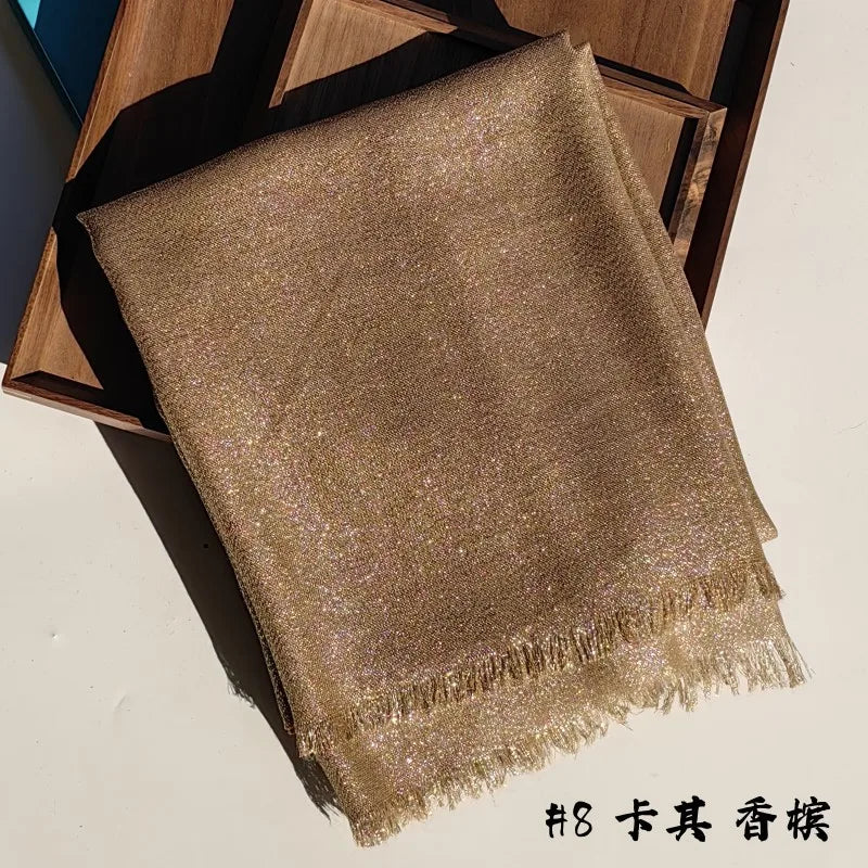 Shiny Fringe Hijab Shawl - 200x80cm Rayon Solid Color Women's Head Wrap