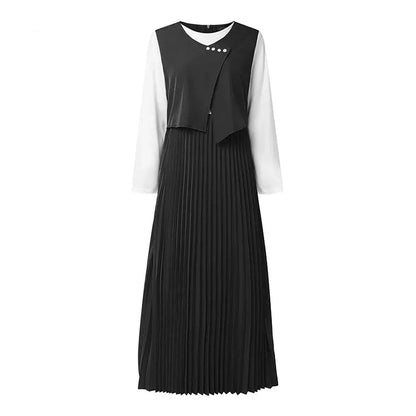 Layered Pleated Muslim Maxi Dress – Color-Blocked Patchwork Abaya Gown | Long Sleeve | S–XXXL | 3 Colors