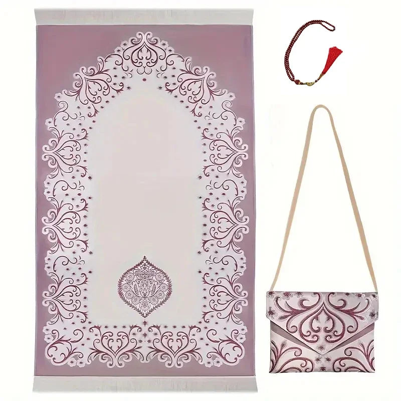 3-Piece Muslim Prayer Mat Set – Prayer Rug, Carry Bag & Tasbih Beads | Ramadan & Hajj Gift