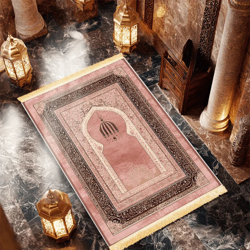 Pink Arch Prayer Rug with Tassels – Soft Flannel Non-Slip Islamic Prayer Mat | 2 Sizes