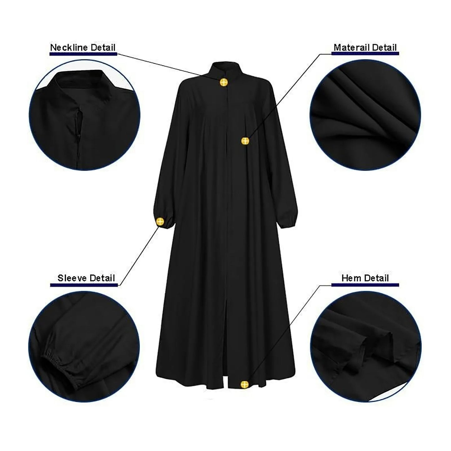 Women's Front Zip Stand-Collar Abaya with Pockets – Loose Fit, S–XXL
