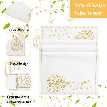 Ramadan Linen Table Decor Set – 19-Piece Islamic Embroidery Placemats, Runner, Coasters & Cutlery Bags