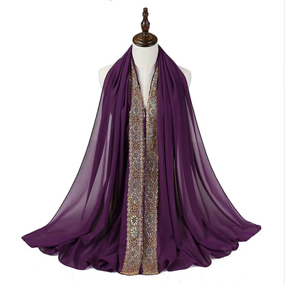 Women's Beaded Lace Chiffon Hijab Scarf – Elegant Islamic Headscarf