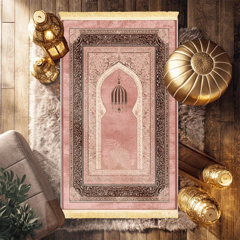 Pink Arch Prayer Rug with Tassels – Soft Flannel Non-Slip Islamic Prayer Mat | 2 Sizes