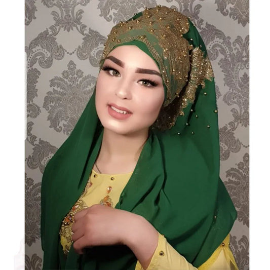 Women's Shimmer Chiffon Hijab Scarf – Gold Glitter & Bead Party Shawl
