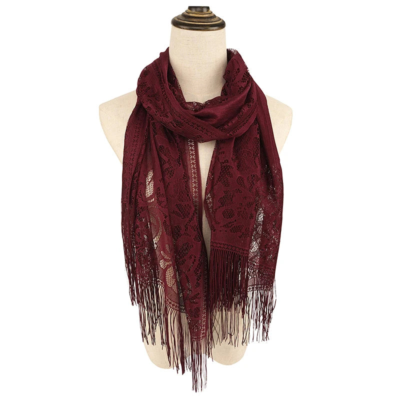 Floral Lace Tassel Scarf – Fringe Shawl & Muslim Hijab for Women | 5 Colors