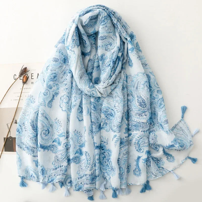 Printed Tassel Hijab Scarf & Shawl for Women | 88×180cm Bohemian Wrap | 60 Designs