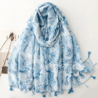 Printed Tassel Hijab Scarf & Shawl for Women | 88×180cm Bohemian Wrap | 60 Designs
