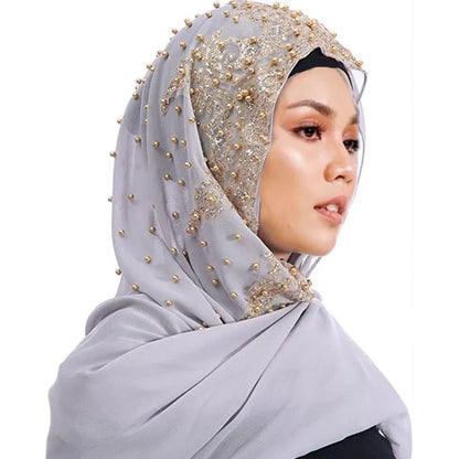 Women's Shimmer Chiffon Hijab Scarf – Gold Glitter & Bead Party Shawl