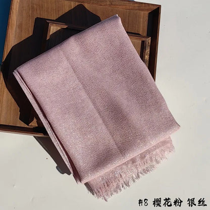 Shiny Fringe Hijab Shawl - 200x80cm Rayon Solid Color Women's Head Wrap