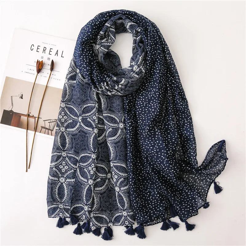 Large Printed Tassel Scarf & Shawl – Cotton Blend Hijab, Beach Wrap & Stole for Women (43 Colors)