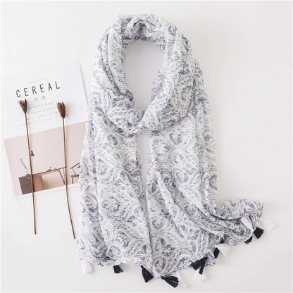 Printed Cotton Tassel Scarf – Large 180x90cm Hijab, Shawl & Beach Wrap (43 Colors)