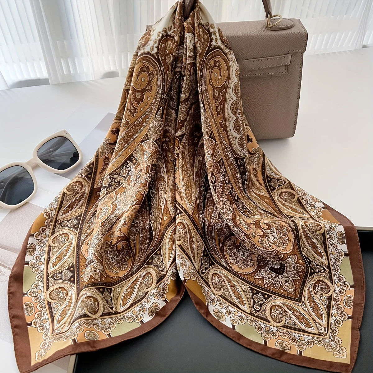 Paisley Print Square Silk-Feel Scarf – Lightweight Neck & Head Wrap for Women (32 Colors)