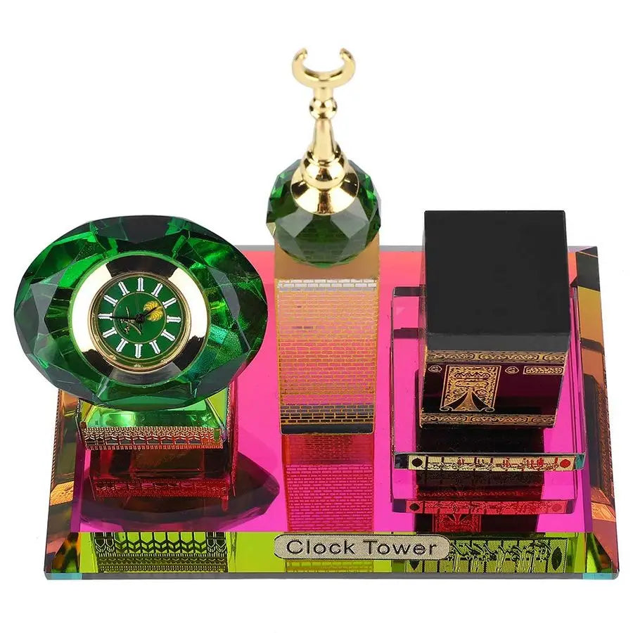 Kaaba Clock Tower Crystal Figurine | 3-in-1 Islamic Table Decor | Titanium Crystal Islamic Architecture Model