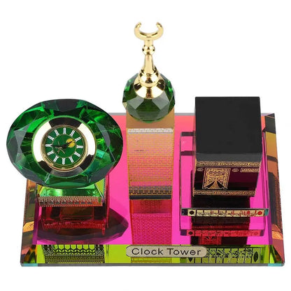 Kaaba Clock Tower Crystal Figurine | 3-in-1 Islamic Table Decor | Titanium Crystal Islamic Architecture Model