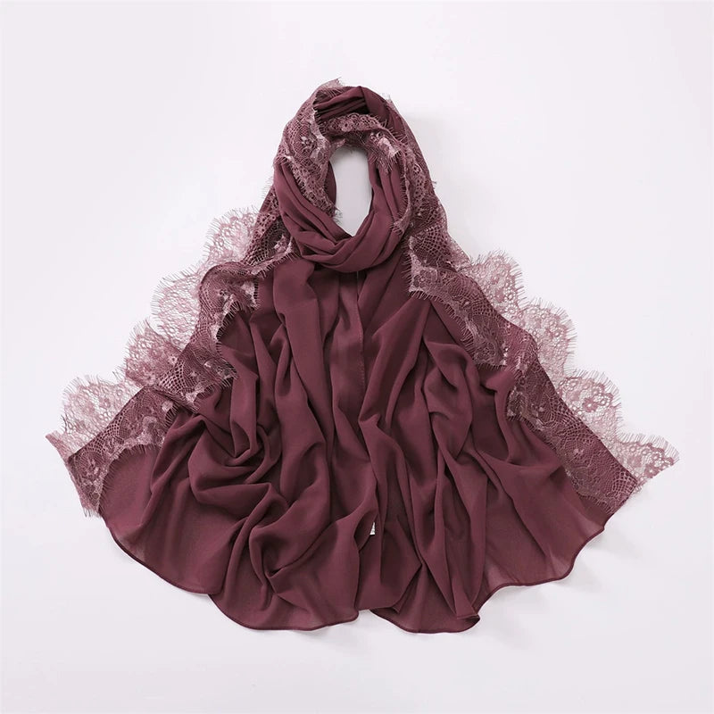 Plain Soft Hijab with Lace Trim – Lightweight Chiffon Muslim Headscarf & Shawl | 170×70cm | 12 Colors