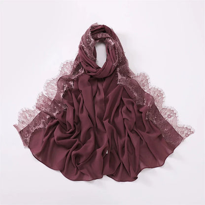 Plain Soft Hijab with Lace Trim – Lightweight Chiffon Muslim Headscarf & Shawl | 170×70cm | 12 Colors
