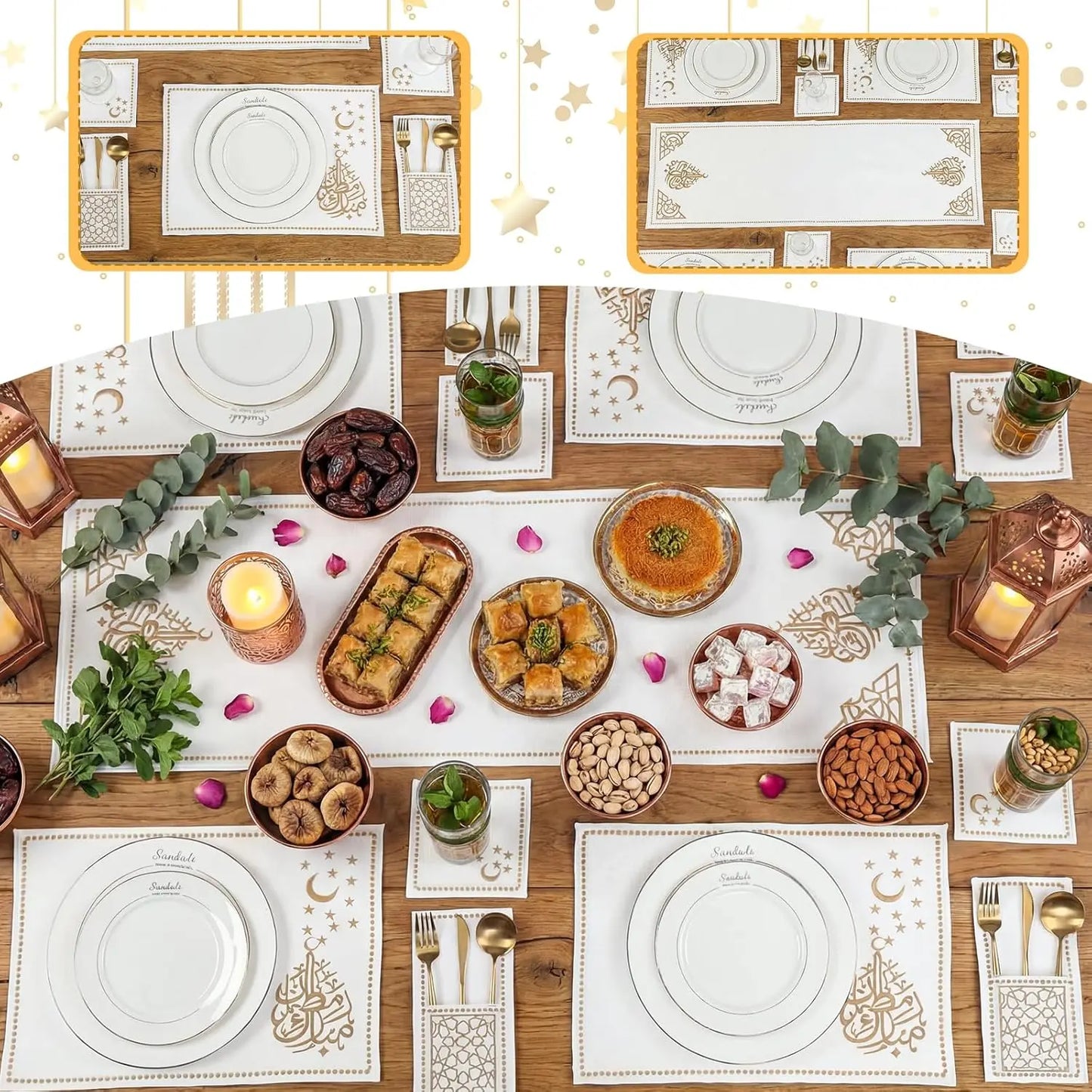 Ramadan Linen Table Decor Set – 19-Piece Islamic Embroidery Placemats, Runner, Coasters & Cutlery Bags